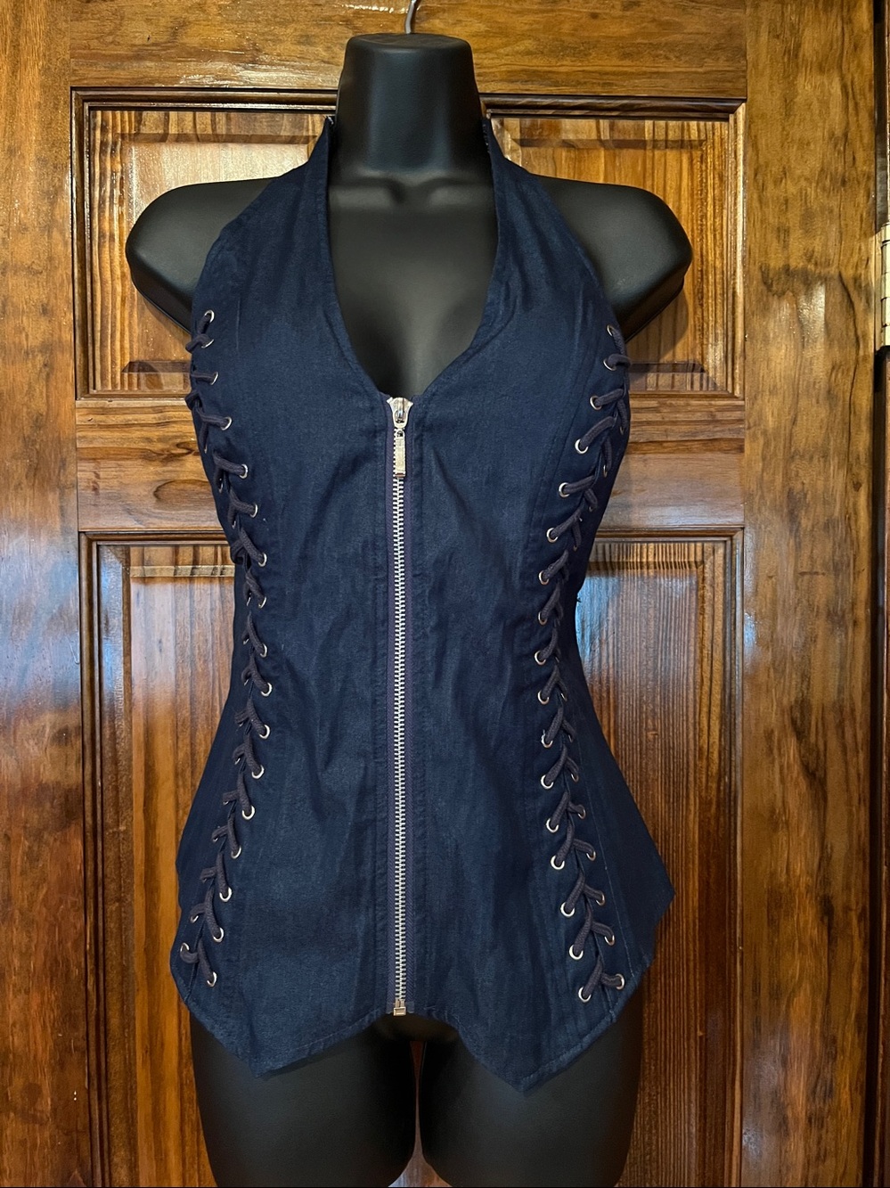 Dark Blue Denim Lace-Up Halter Zip-Front Camisole
